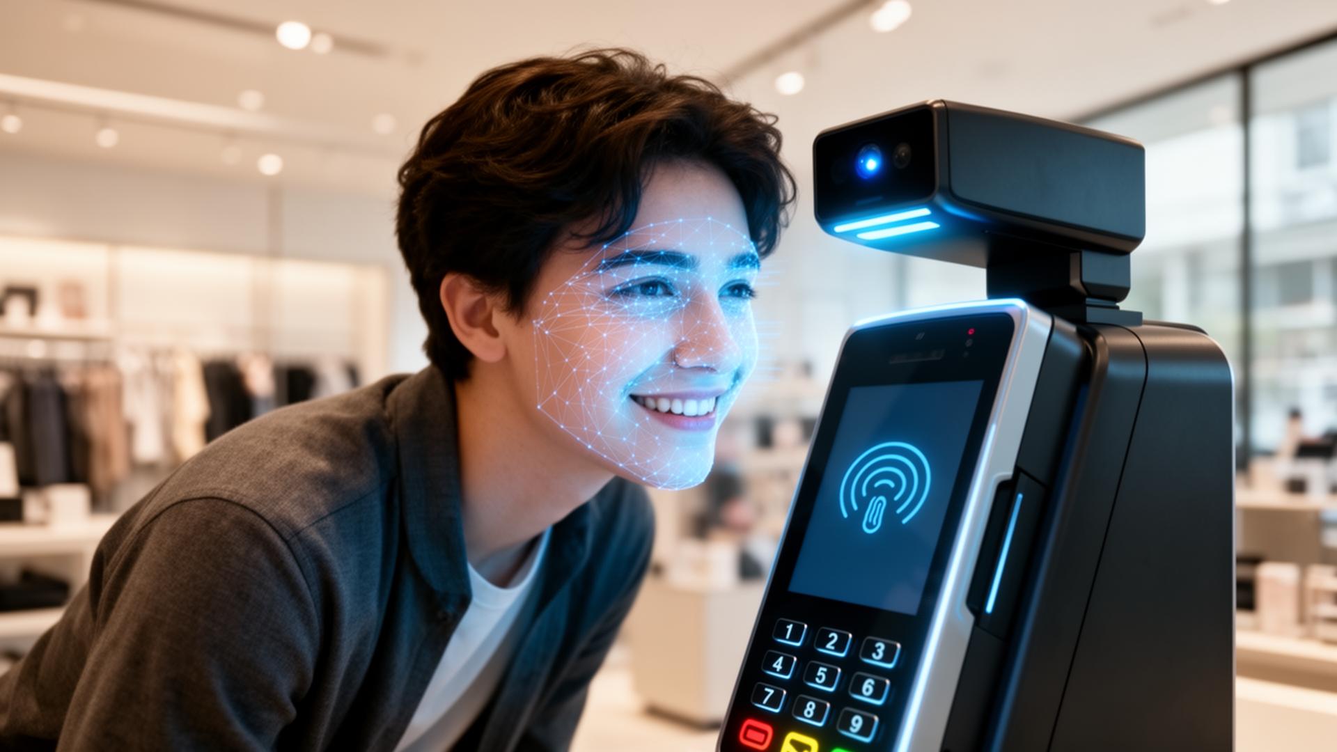 Person paying with facial recognition at a BioPay terminal